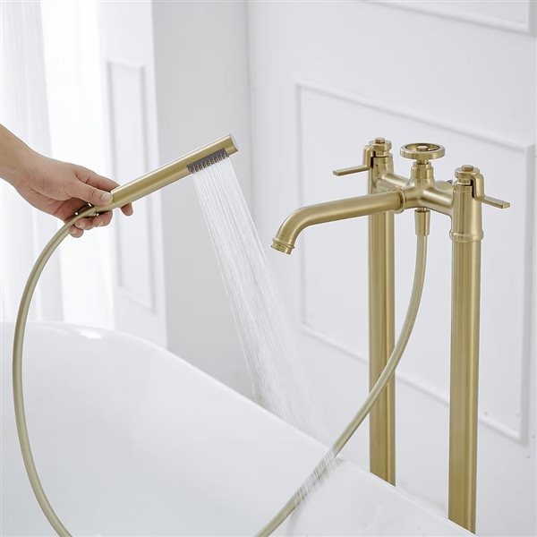 Aqua Faucet 3-Handle Freestanding Floor Mount Industrial Style Tub Faucet with Hand Shower - Brushed Gold