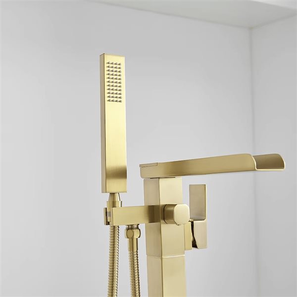 Aqua Faucet Single-Handle Floor Mount Freestanding Tub Faucet Tub Filler with Handheld Shower - Brushed Gold