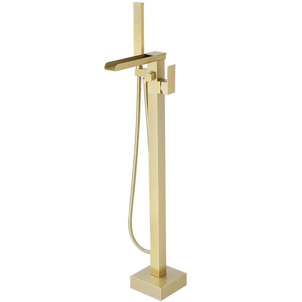 Aqua Faucet Single-Handle Floor Mount Freestanding Tub Faucet Tub Filler with Handheld Shower - Brushed Gold