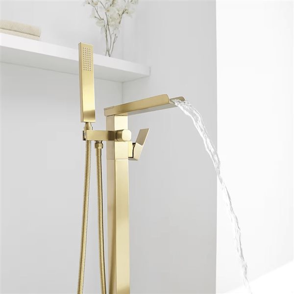 Aqua Faucet Single-Handle Floor Mount Freestanding Tub Faucet Tub Filler with Handheld Shower - Brushed Gold