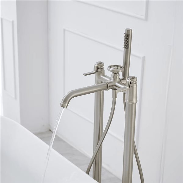 Aqua Faucet 3-Handle Freestanding Floor Mount Industrial Style Tub Faucet Filler with Hand Shower - Nickel