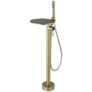 Aqua Faucet 1-Handle Freestanding Floor Mount Tub Faucet with Hand Shower and Storage Tray - Brushed Gold