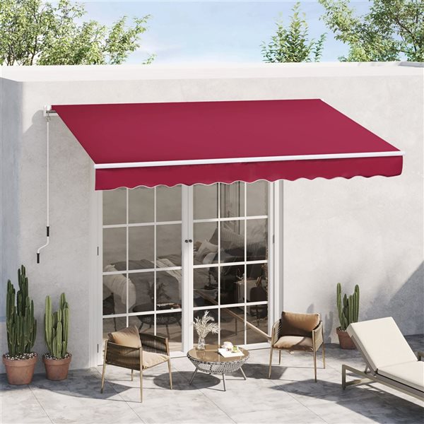 Auvent de terrasse rétractable Outsunny 12 x 8 pi en polyester rouge avec manivelle à main