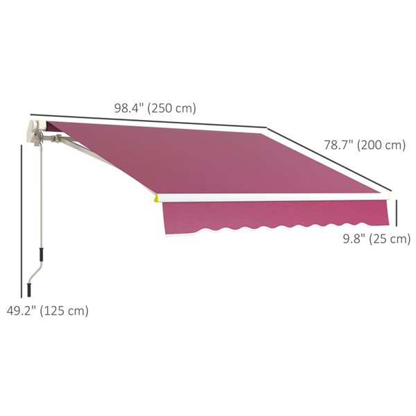 Outsunny 8 x 6.5-ft Red Wine Polyester Retractable Patio Awning w/ Manual Crank Handle and LED Ligths