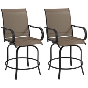 Outdoor Brown Mesh Fabric/Metal Frame Swivel Bar Stools w/ Armrests and Footrest - Set of 2