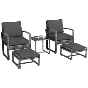 Outsunny Grey PE Wicker 5-Piece Patio Conversation Set - Cushions Included