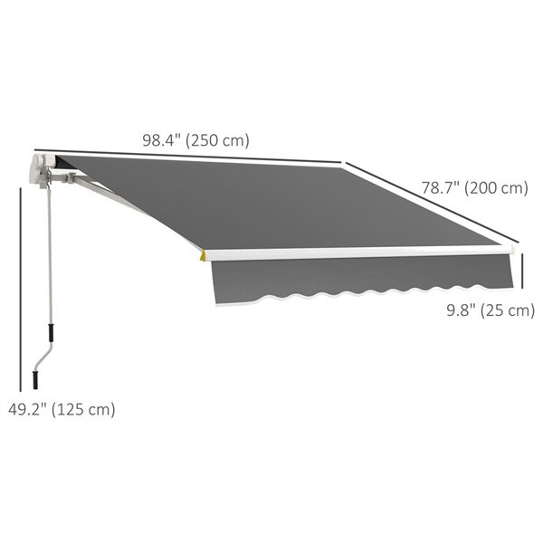 Outsunny 8 x 6.5-ft Grey Polyester Retractable Patio Awning w/ Manual Crank Handle and LED Ligths