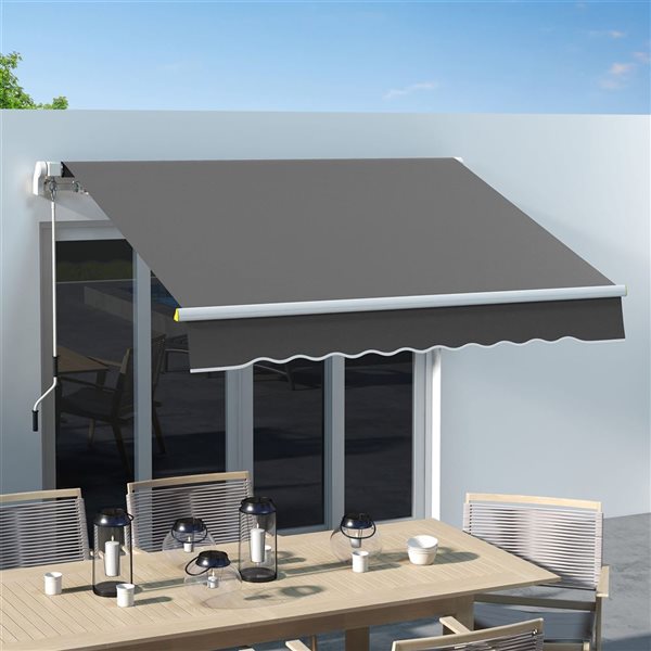 Outsunny 8 x 6.5-ft Grey Polyester Retractable Patio Awning w/ Manual Crank Handle and LED Ligths