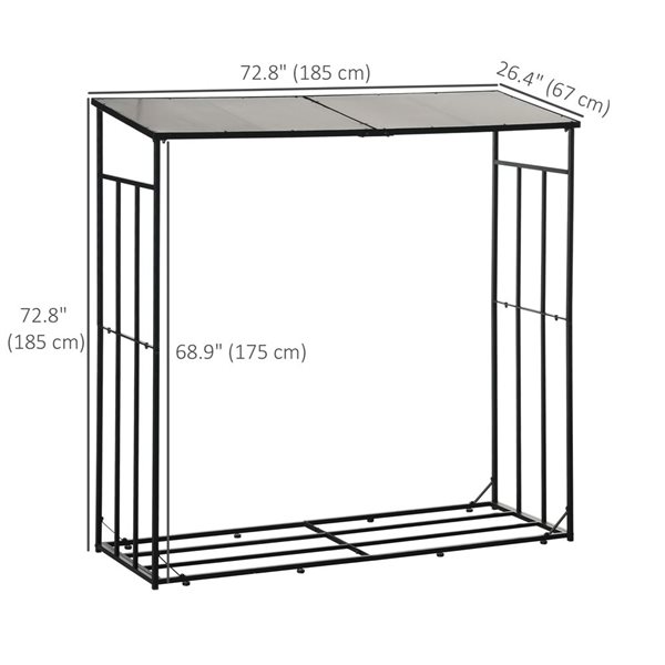 Porte-bûches Outsunny en métal noir de 73 po avec toit en polycarbonate, charge adfmissible de 4 620 lb