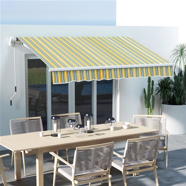 Auvent de terrasse rétractable Outsunny 10 x 8 pi en polyester jaune/gris avec manivelle et lumières DEL