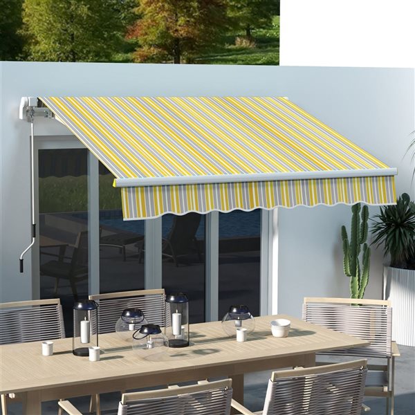 Auvent de terrasse rétractable Outsunny 8 x 6,5 pi en polyester jaune/gris avec manivelle et lumières DEL