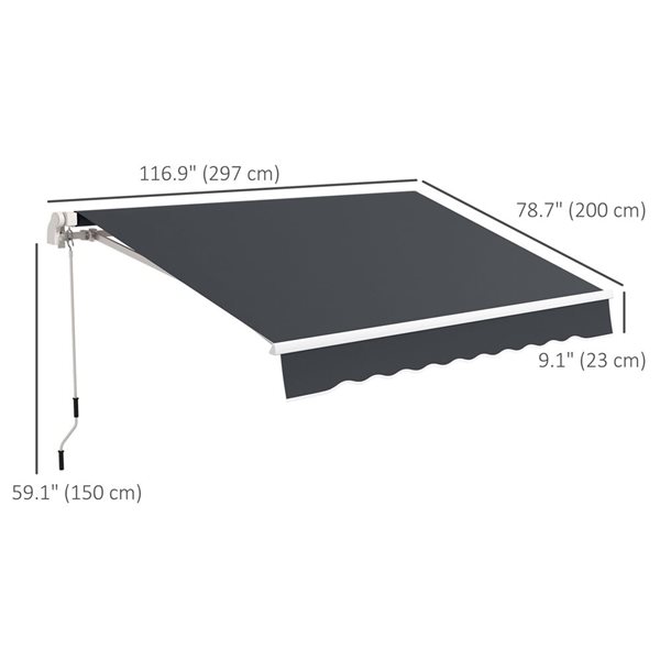 Outsunny 10 x 6.5-ft Dark Grey Polyester Retractable Patio Awning w/ Manual Crank Handle and LED Ligths