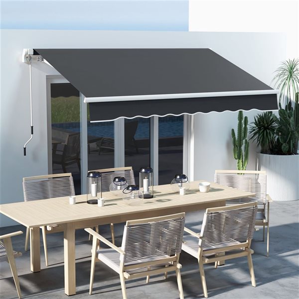 Outsunny 10 x 6.5-ft Dark Grey Polyester Retractable Patio Awning w/ Manual Crank Handle and LED Ligths