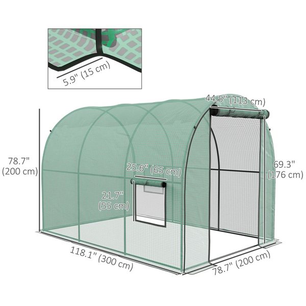 Serre tunnel Outsunny avec porte et fenêtre enroulables, 6,6 x 10 x 6,6 pi