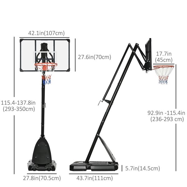 Panier de basket mobile Soozier et base lestée ajustable en hauteur, 9,6 à 11,5 pi