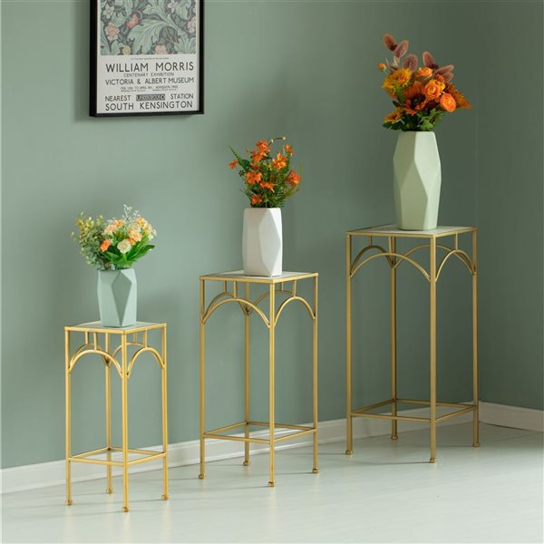 Uniquewise Set of 3 Decorative Gold Metal Square Plant Stand with White Marble Top