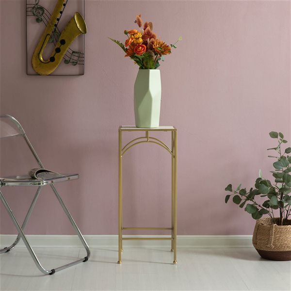 Uniquewise Set of 3 Decorative Gold Metal Square Plant Stand with White Marble Top