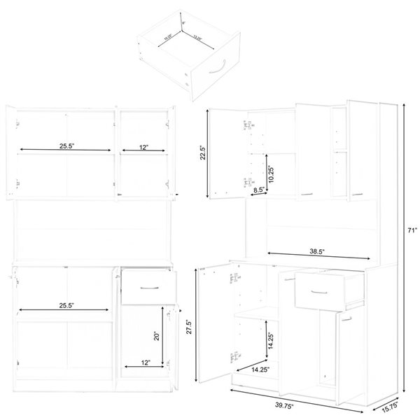 Basicwise Kitchen Pantry White Storage Cabinet with Drawer, Doors and Shelves 15.75 x 39.75 x 71-in