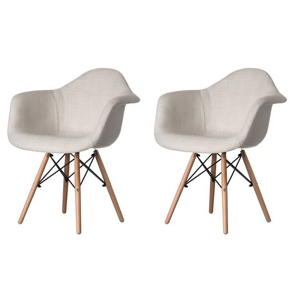 Fabulaxe Set of 2 Mid-Century Modern Style White Fabric Lined Armchair with Beech Wooden Legs