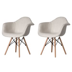 Fabulaxe Set of 2 Mid-Century Modern Style White Fabric Lined Armchair with Beech Wooden Legs