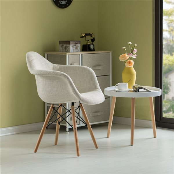 Fabulaxe Set of 2 Mid-Century Modern Style White Fabric Lined Armchair with Beech Wooden Legs