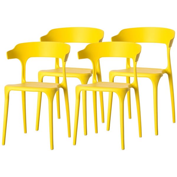 Fabulaxe Set of 4 Modern Yellow Plastic Outdoor Dining Chair with Open U Shaped Back