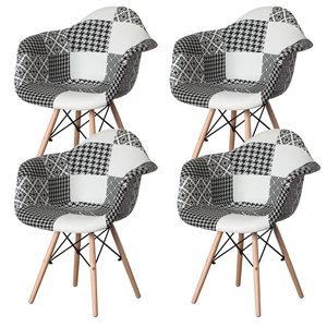 Fabulaxe Set of 4 Mid-Century Modern Style Black and White Fabric Lined Armchair with Beech Wooden Legs