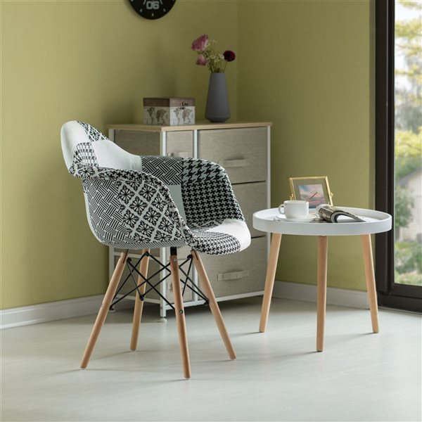 Fabulaxe Set of 4 Mid-Century Modern Style Black and White Fabric Lined Armchair with Beech Wooden Legs