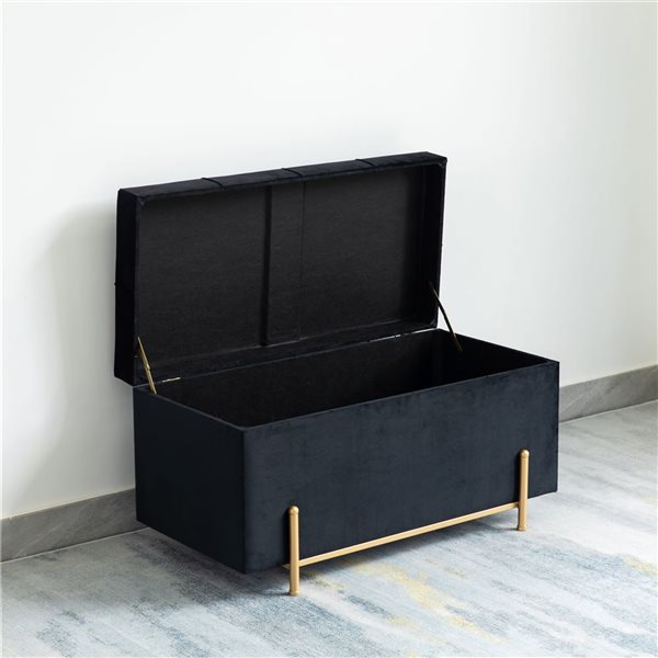 Fabulaxe Large Velvet Storage Ottoman Stool Box with Golden Legs - Black