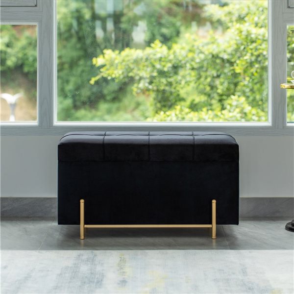 Fabulaxe Large Velvet Storage Ottoman Stool Box with Golden Legs - Black