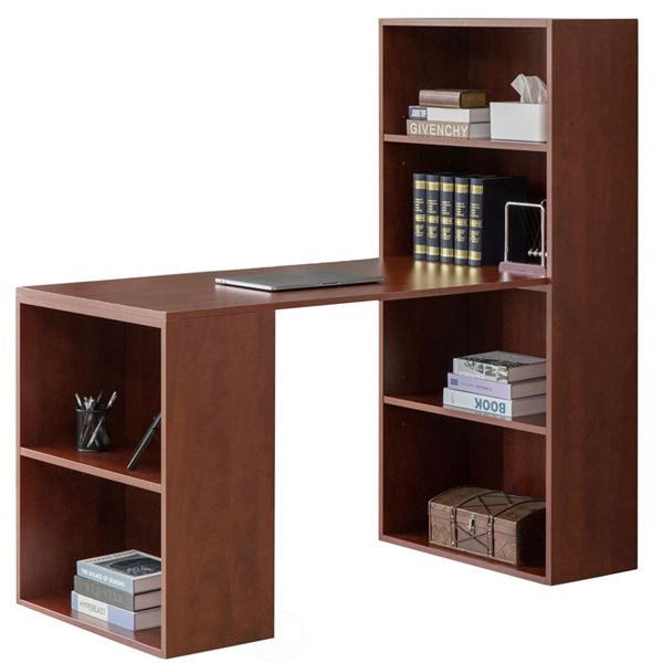 Basicwise Large Computer Writing Workstation Table with Combo Bookshelf Bookcase - Cherry