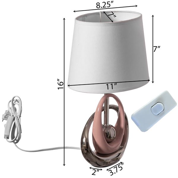 Quickway Imports 16-in Ceramic Table Lamp with Reflecting Silver and Pink Circular Stand and White Lampshade