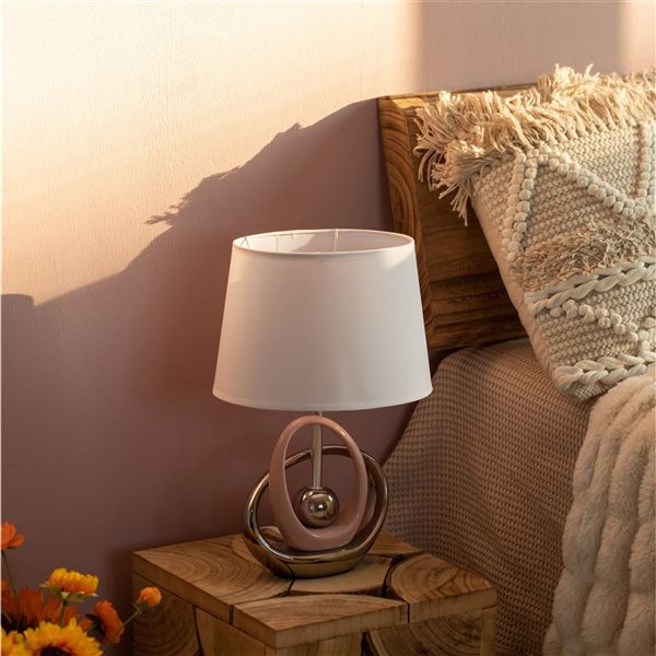 Quickway Imports 16-in Ceramic Table Lamp with Reflecting Silver and Pink Circular Stand and White Lampshade