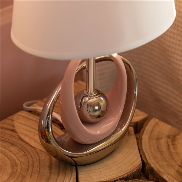 Quickway Imports 16-in Ceramic Table Lamp with Reflecting Silver and Pink Circular Stand and White Lampshade