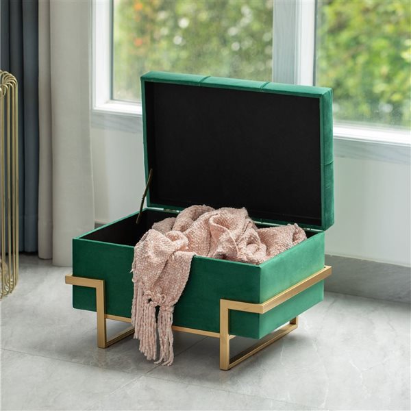 Pouf de rangement rectangulaire Fabulaxe en velours vert avec pieds abstraits dorés, petit