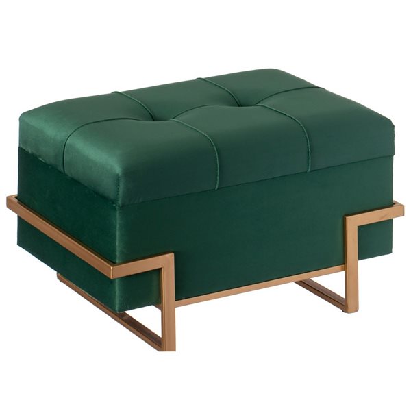 Fabulaxe Rectangle Green Velvet Storage Ottoman Stool Box with Abstract Golden Legs - Small