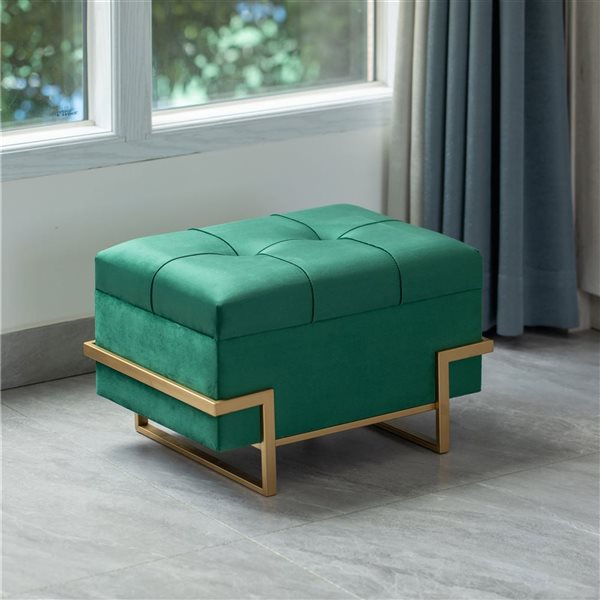 Fabulaxe Rectangle Green Velvet Storage Ottoman Stool Box with Abstract Golden Legs - Small