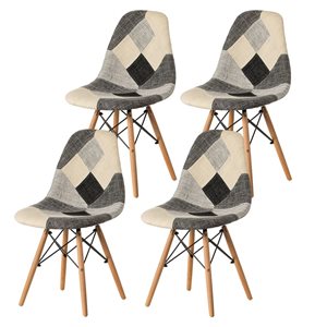 Fabulaxe Set of 4 Modern Black and White Patchwork Fabric Chair with Wooden Legs