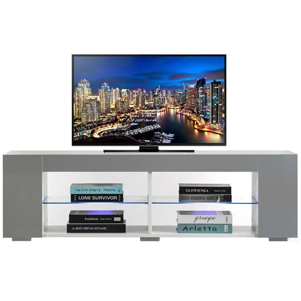 Basicwise White Entertainment TV Stand with LED Lights and Glass Shelves with UV Frame