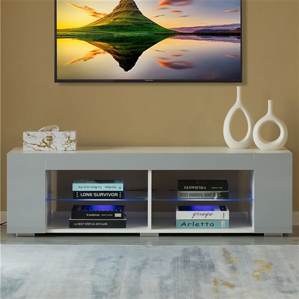 Basicwise White Entertainment TV Stand with LED Lights and Glass Shelves with UV Frame