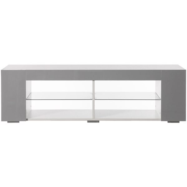 Basicwise White Entertainment TV Stand with LED Lights and Glass Shelves with UV Frame