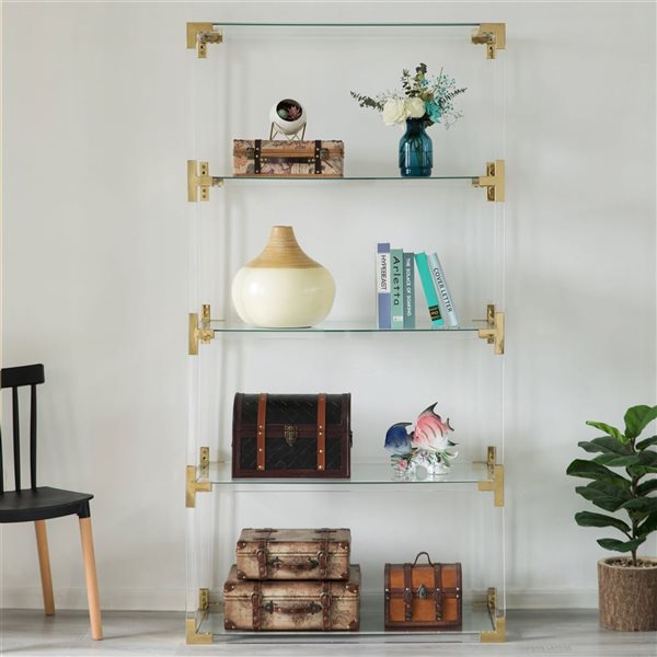 Fabulaxe Acrylic Gold Metal Modern 4-Tier Bookcase with Glass Shelves