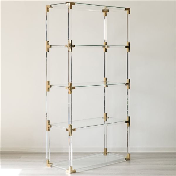 Fabulaxe Acrylic Gold Metal Modern 4-Tier Bookcase with Glass Shelves