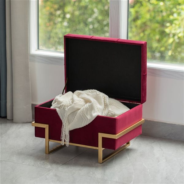 Pouf de rangement rectangulaire Fabulaxe en velours rouge avec pieds abstraits dorés, petit