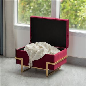 Pouf de rangement rectangulaire Fabulaxe en velours rouge avec pieds abstraits dorés, petit