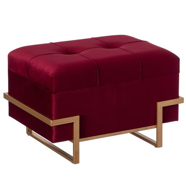 Fabulaxe Rectangle Red Velvet Storage Ottoman Stool Box with Abstract Golden Legs - Small