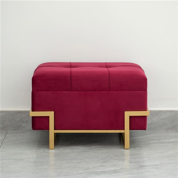 Fabulaxe Rectangle Red Velvet Storage Ottoman Stool Box with Abstract Golden Legs - Small