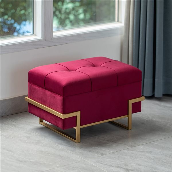 Fabulaxe Rectangle Red Velvet Storage Ottoman Stool Box with Abstract Golden Legs - Small