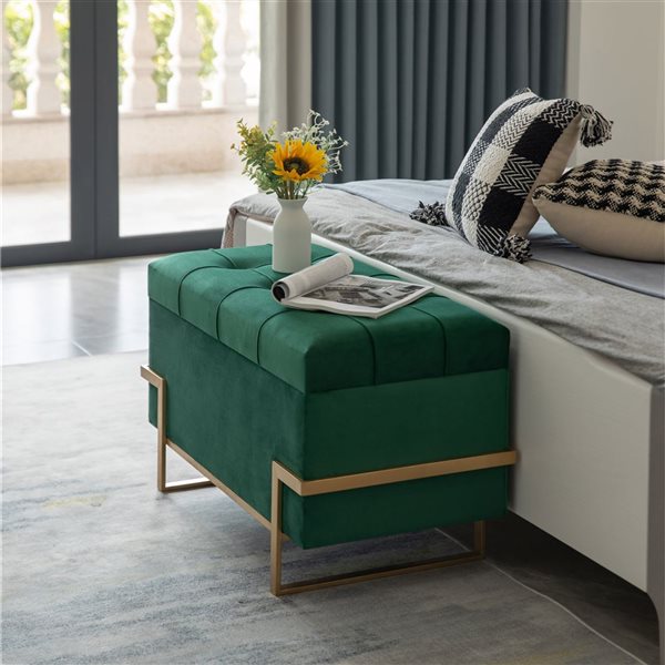 Fabulaxe Rectangle Green Velvet Storage Ottoman Stool Box - Large