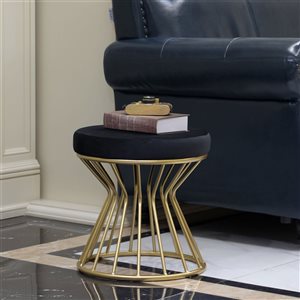 Tabouret moderne rond Fabulaxe en velours avec base en métal courbé doré standard, noir